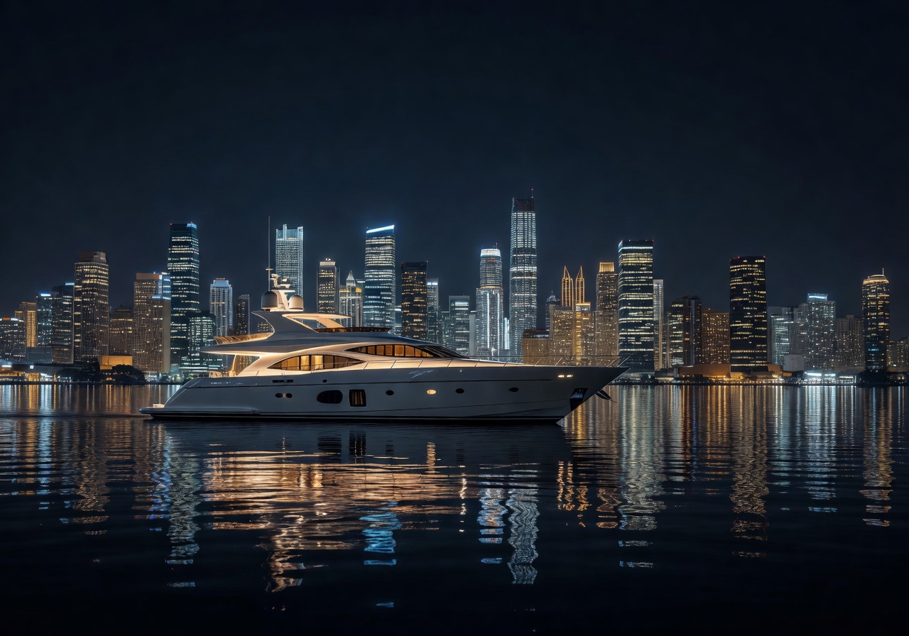Beautiful night view of a yacht illuminated against the city skyline
