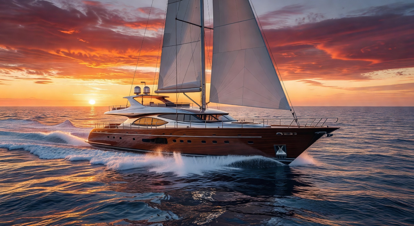Cinematic luxury yacht sailing on open water during sunset