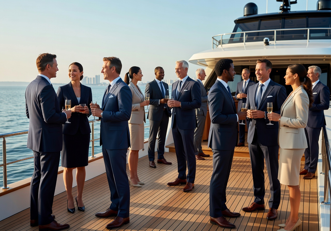 Corporate professionals networking on a luxury yacht deck