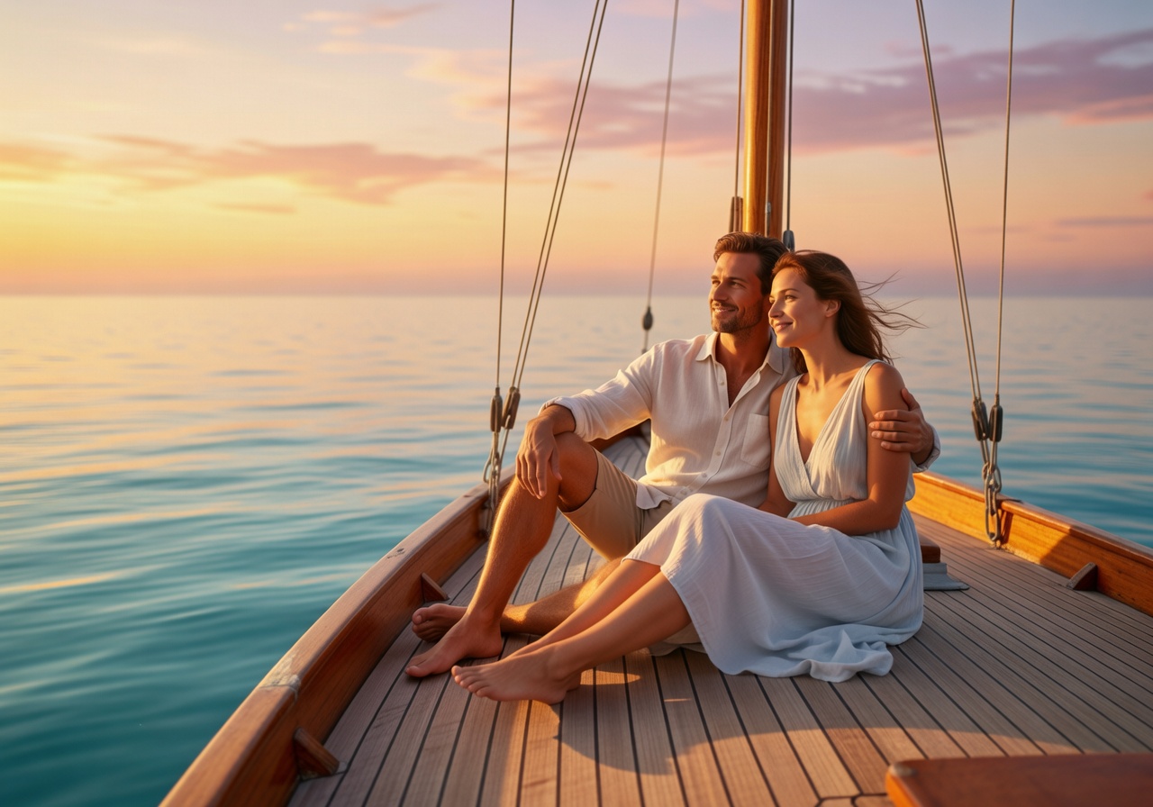 Couple relaxing on the bow of a sailboat looking at the horizon