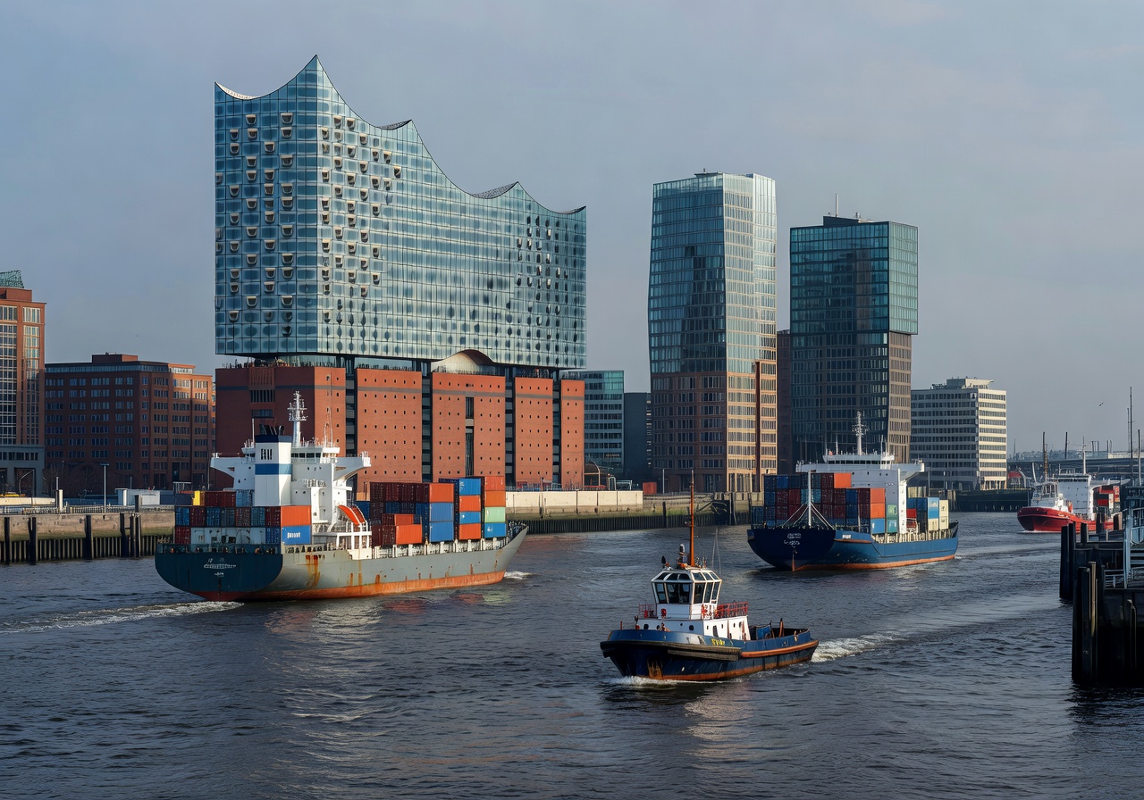 Hamburg Harbor with boats and modern architecture