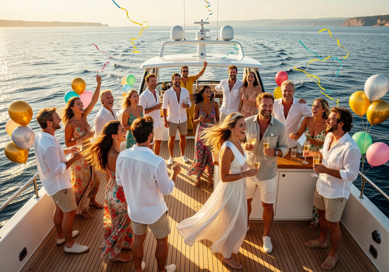 Lively bachelor and bachelorette party on a spacious boat