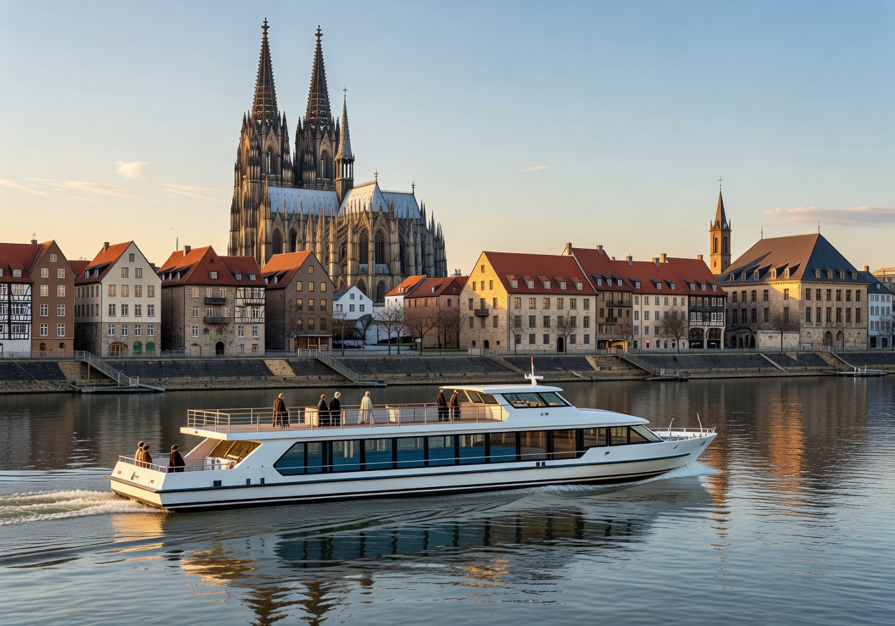 Rhine Luxury Cruiser sailing past Cologne architecture