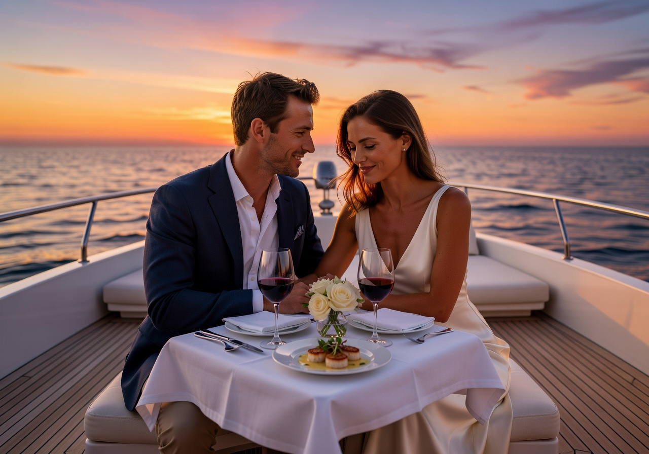 Romantic couple enjoying sunset dinner on a private yacht