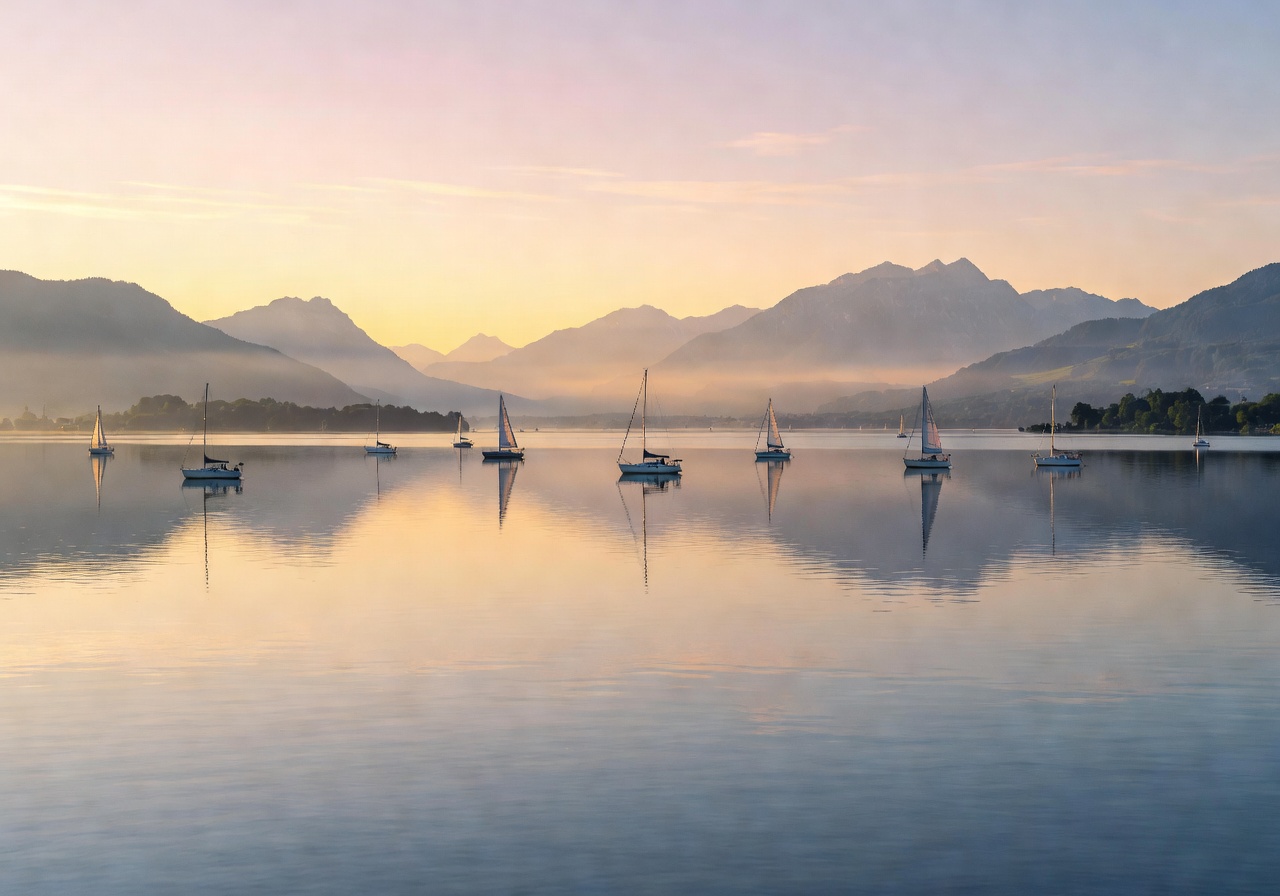 Serene Lake Constance with sailboats against mountains
