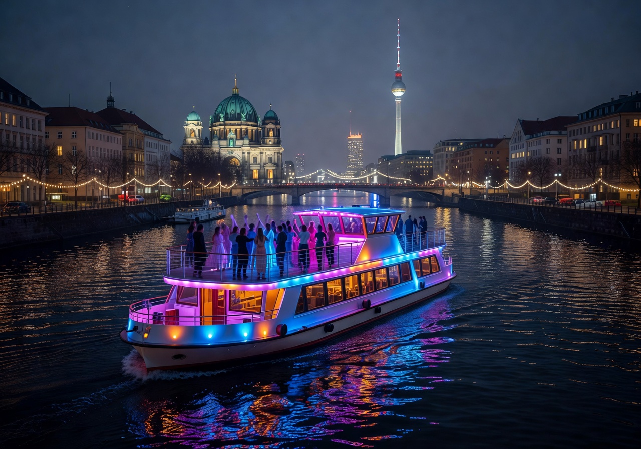 Spree Party Boat Deluxe illuminated at night in Berlin