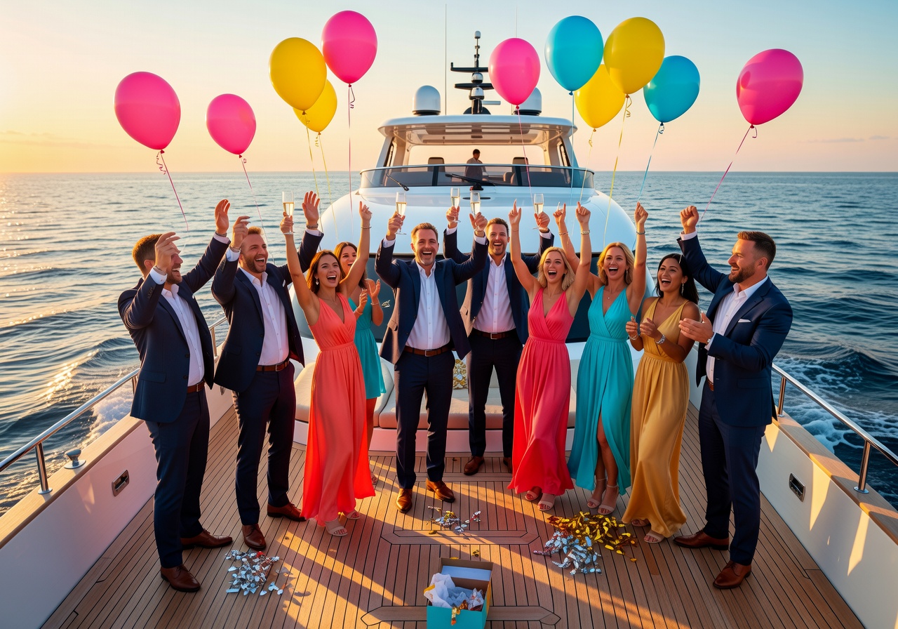 Vibrant yacht birthday party with guests cheering